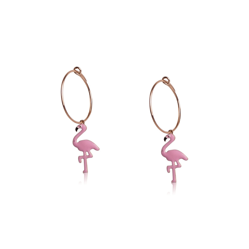 Boucles créoles flamant rose émail adolescent or jaune 18kt